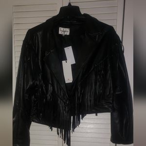 BRAND NEW WITH TAGS FRINGE FAUX LEATHER JACKET!!